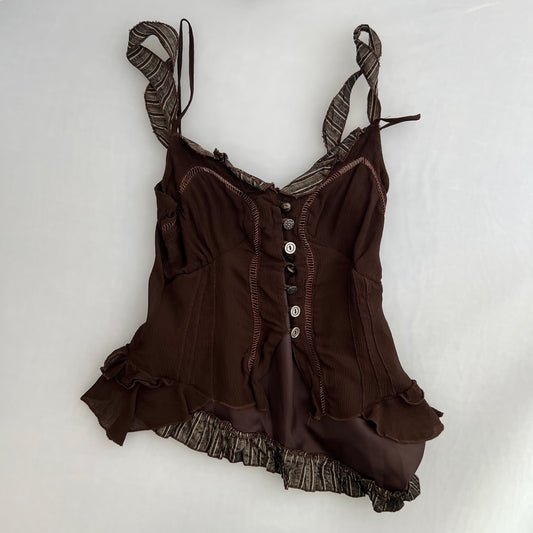Rinascimento Brown Asymmetric Layered Striped Mix Button Camisole