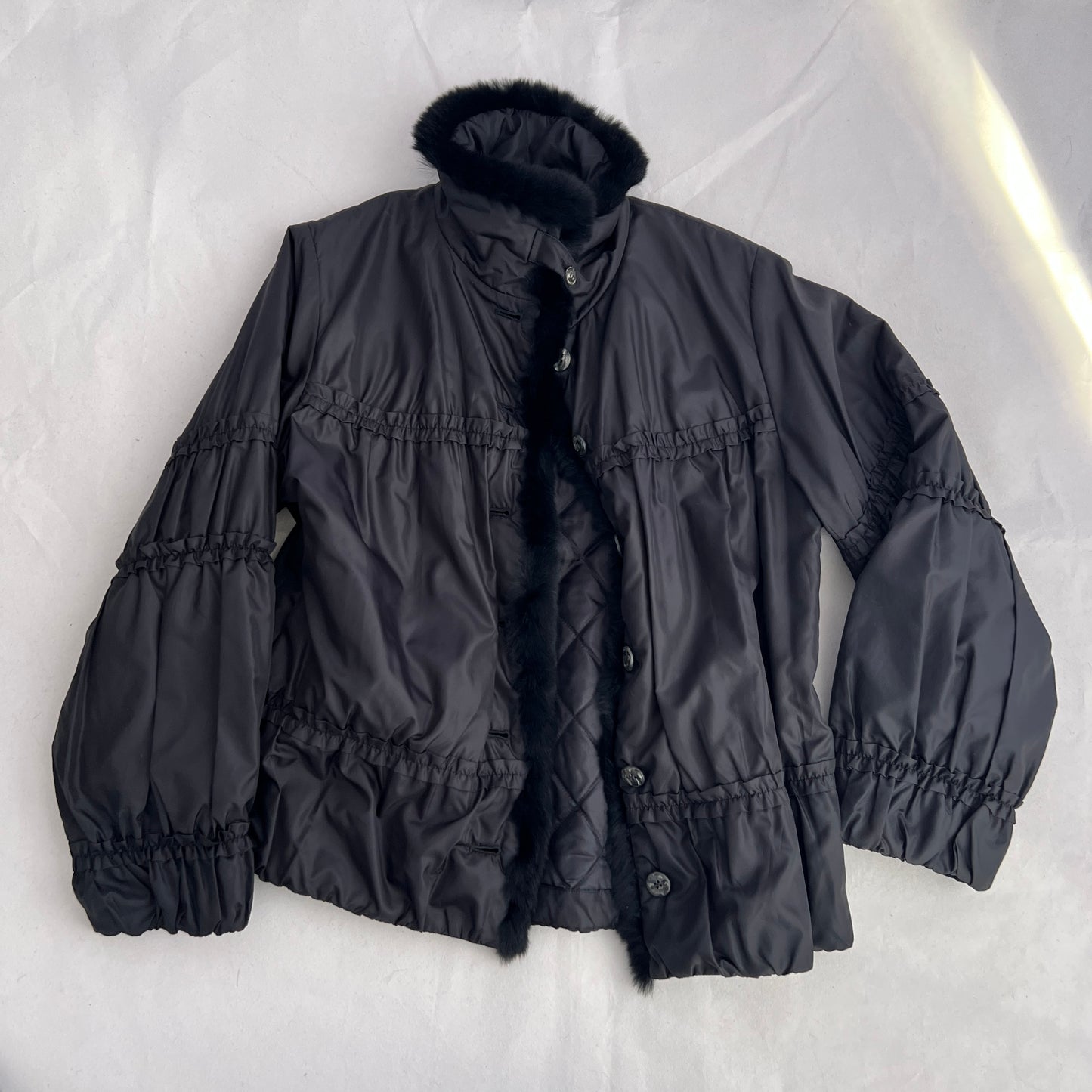 Balletcore Black Chamois Ruched Rabbit Fur Trim Puffer Jacket