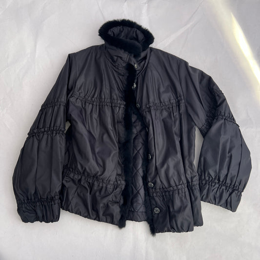 Balletcore Black Chamois Ruched Rabbit Fur Trim Puffer Jacket