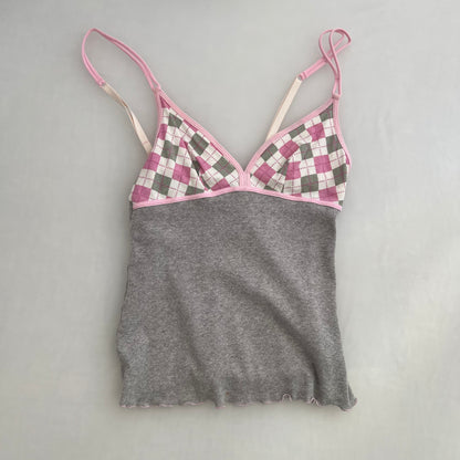Intimissimi Pink Grey Check Picot Trim Fitted Camisole