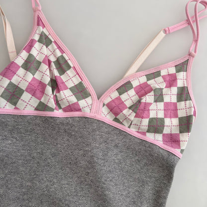 Intimissimi Pink Grey Check Picot Trim Fitted Camisole