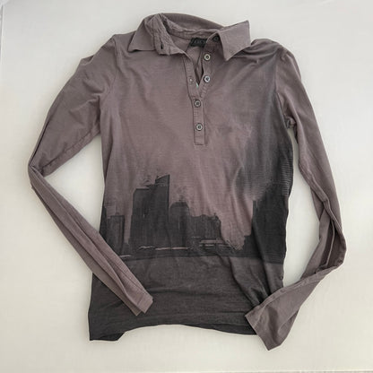 Ikks Grey Skyline Graphic 1/4 Button Long Sleeve Polo Shirt