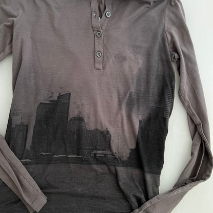 Ikks Grey Skyline Graphic 1/4 Button Long Sleeve Polo Shirt