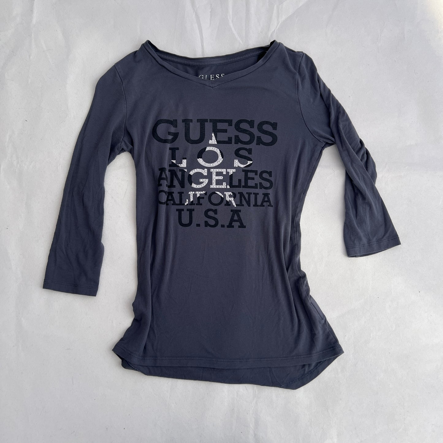 Grey Blue Guess Star Graphic 3/4 Sleeve Fitted Shirt