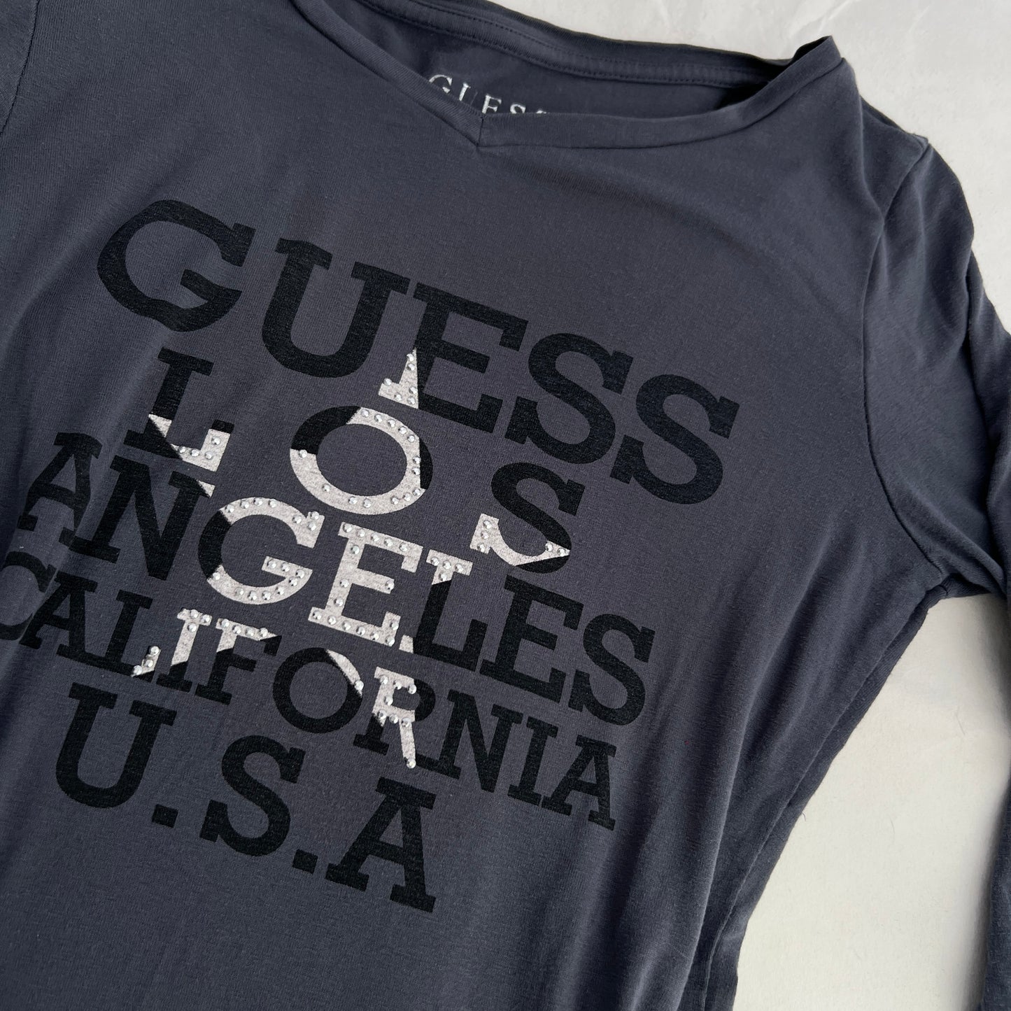 Grey Blue Guess Star Graphic 3/4 Sleeve Fitted Shirt