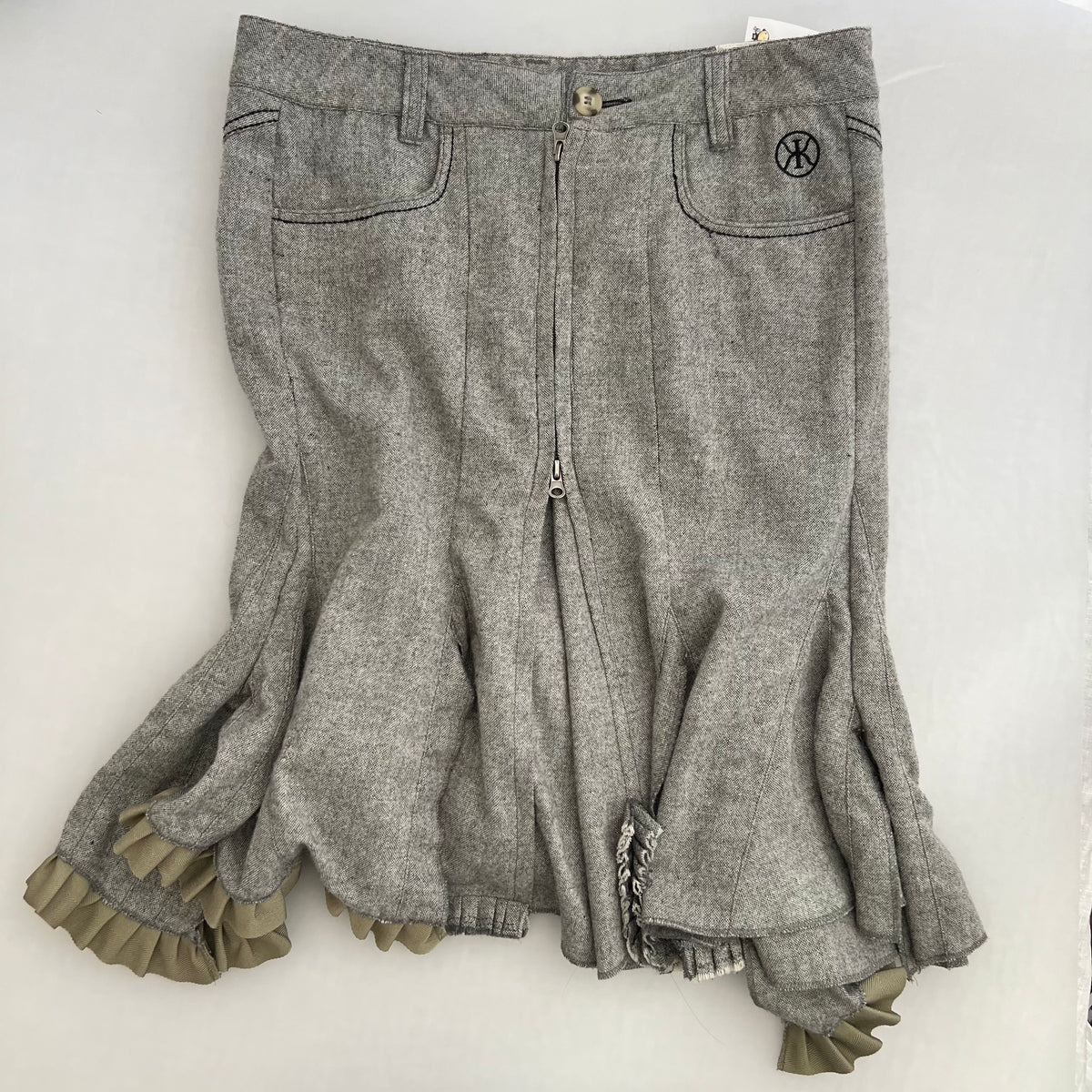 DDP Grey Khaki Ruffle Flared Mermaid Hem Midi Skirt