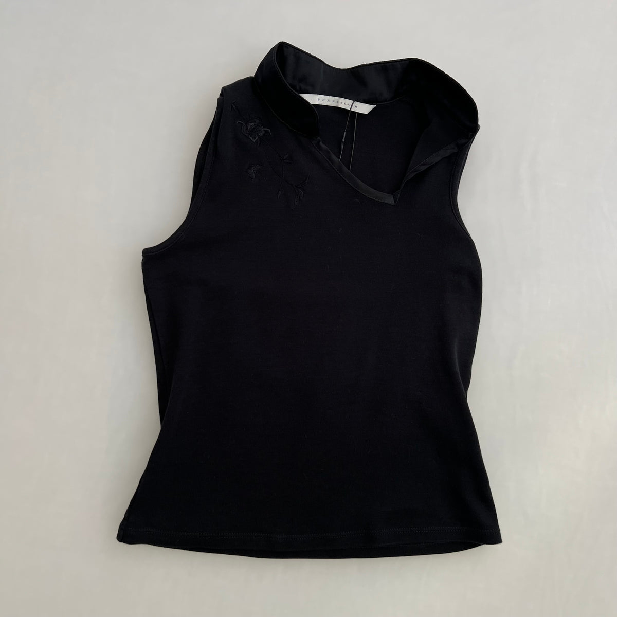 Black Pennyblack Mandarin Collar High Neck Sleeveless Embroidered Top