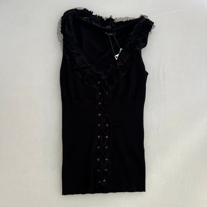 Morgan De Toi Black Tulle Ruffle Lace Up Knit Vest