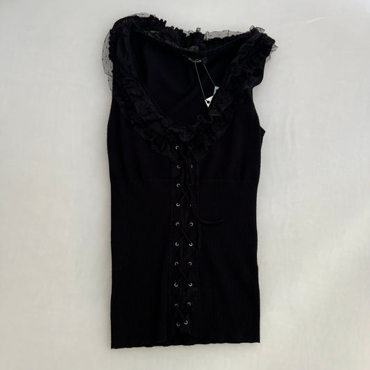 Morgan De Toi Black Tulle Ruffle Lace Up Knit Vest