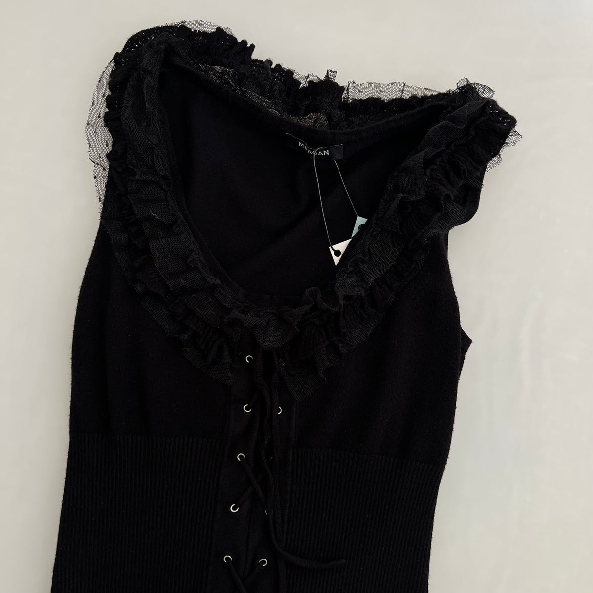 Morgan De Toi Black Tulle Ruffle Lace Up Knit Vest