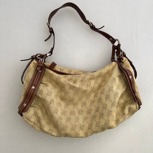 Blumarine Brown Leather Buckle Beige Monogram Shoulder Bag