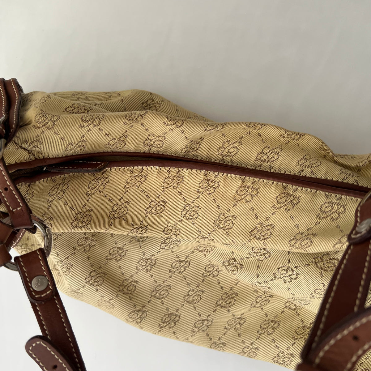 Blumarine Brown Leather Buckle Beige Monogram Shoulder Bag