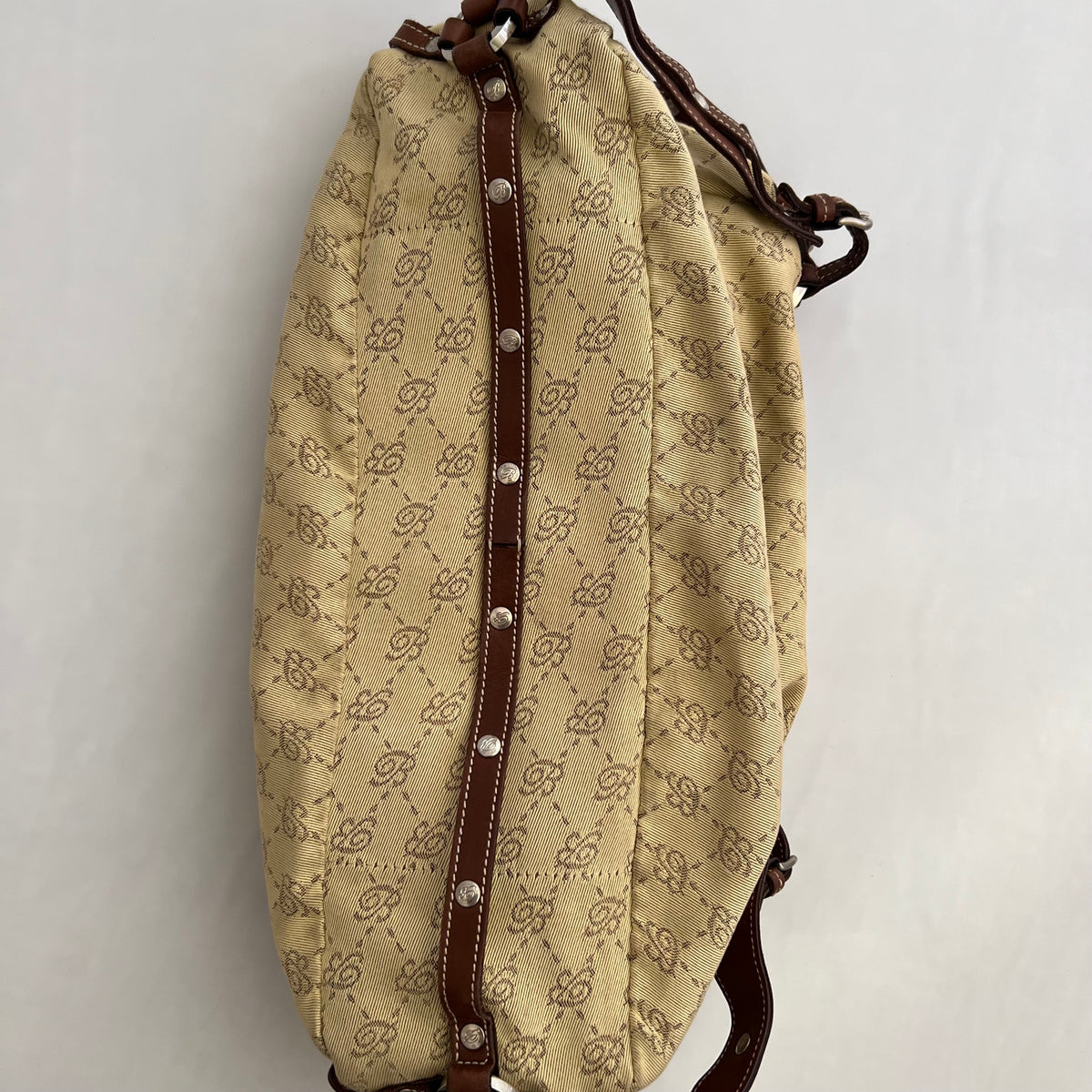 Blumarine Brown Leather Buckle Beige Monogram Shoulder Bag