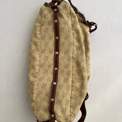 Blumarine Brown Leather Buckle Beige Monogram Shoulder Bag