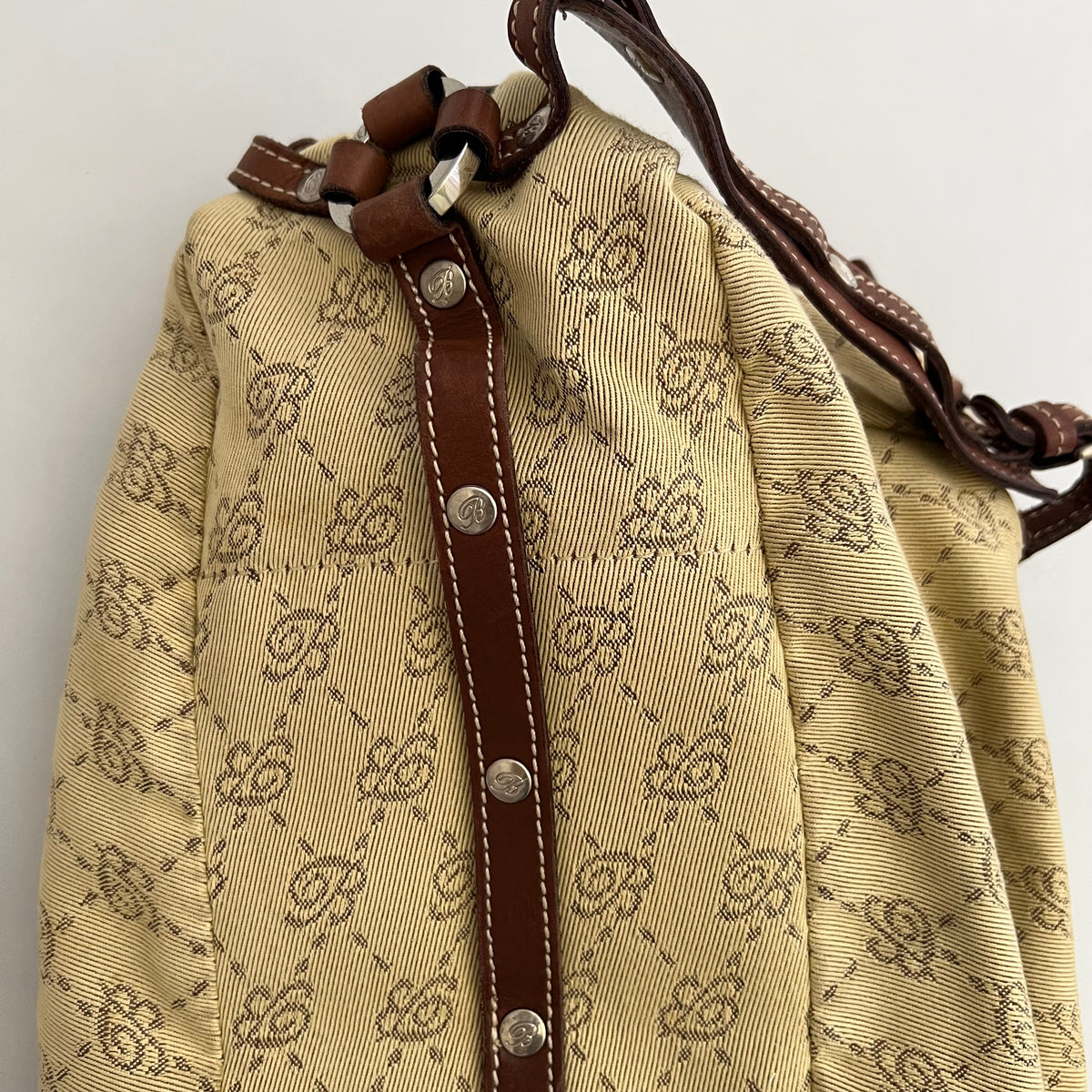 Blumarine Brown Leather Buckle Beige Monogram Shoulder Bag