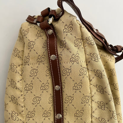 Blumarine Brown Leather Buckle Beige Monogram Shoulder Bag