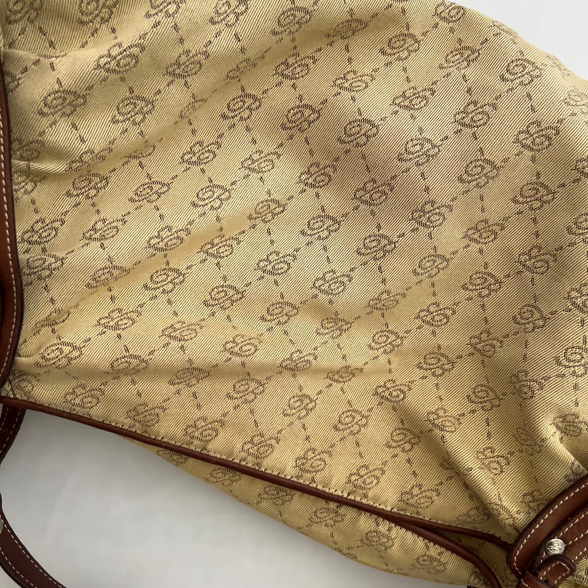 Blumarine Brown Leather Buckle Beige Monogram Shoulder Bag