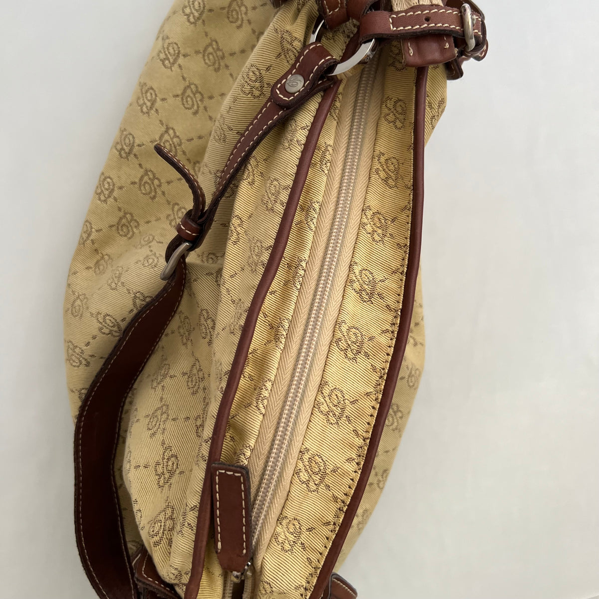 Blumarine Brown Leather Buckle Beige Monogram Shoulder Bag
