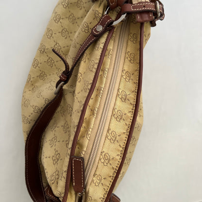 Blumarine Brown Leather Buckle Beige Monogram Shoulder Bag