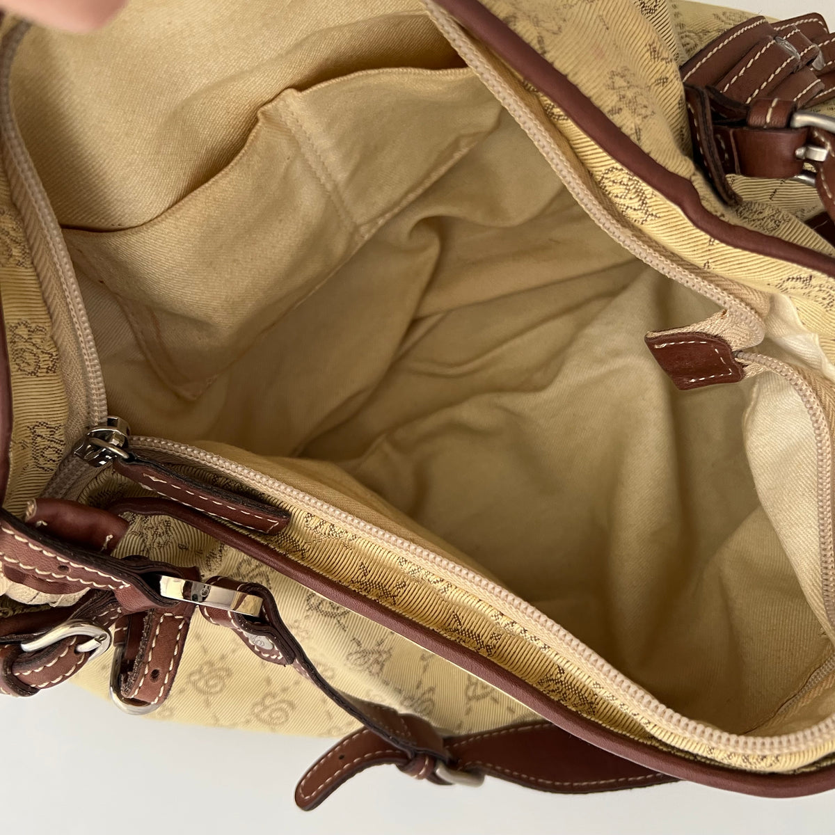 Blumarine Brown Leather Buckle Beige Monogram Shoulder Bag
