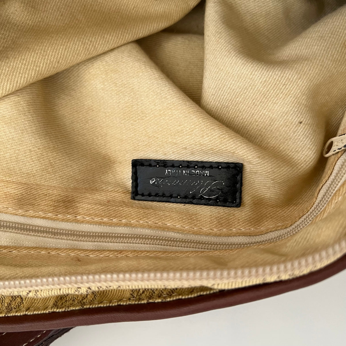 Blumarine Brown Leather Buckle Beige Monogram Shoulder Bag