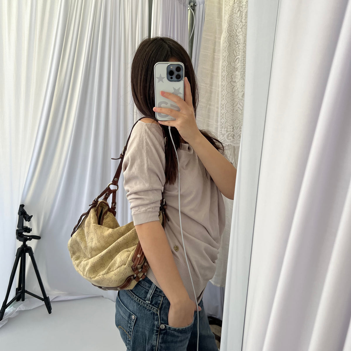 Blumarine Brown Leather Buckle Beige Monogram Shoulder Bag