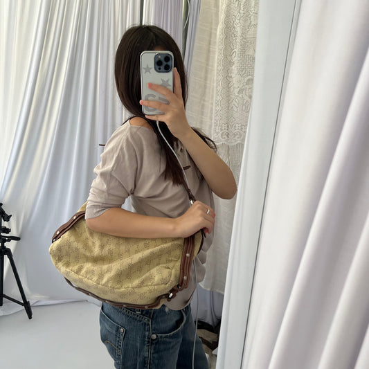 Blumarine Brown Leather Buckle Beige Monogram Shoulder Bag
