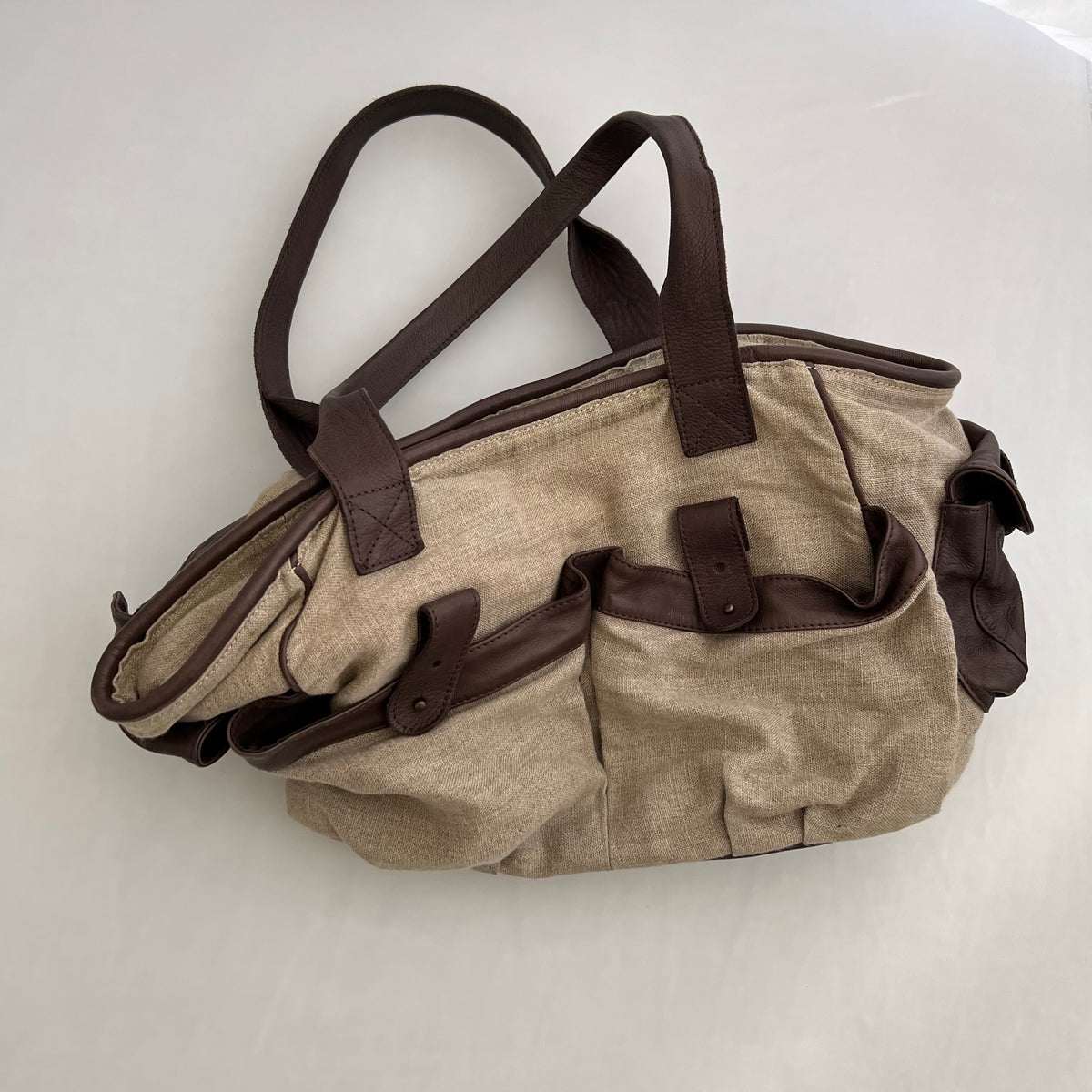 Kookai Linen Beige Brown Leather Utility Shoulder Tote Bag