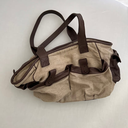 Kookai Linen Beige Brown Leather Utility Shoulder Tote Bag