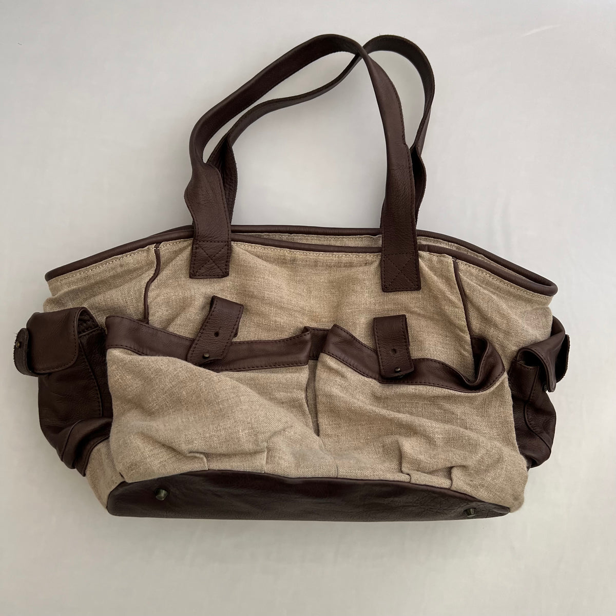 Kookai Linen Beige Brown Leather Utility Shoulder Tote Bag