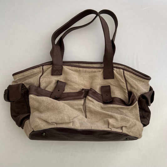 Kookai Linen Beige Brown Leather Utility Shoulder Tote Bag