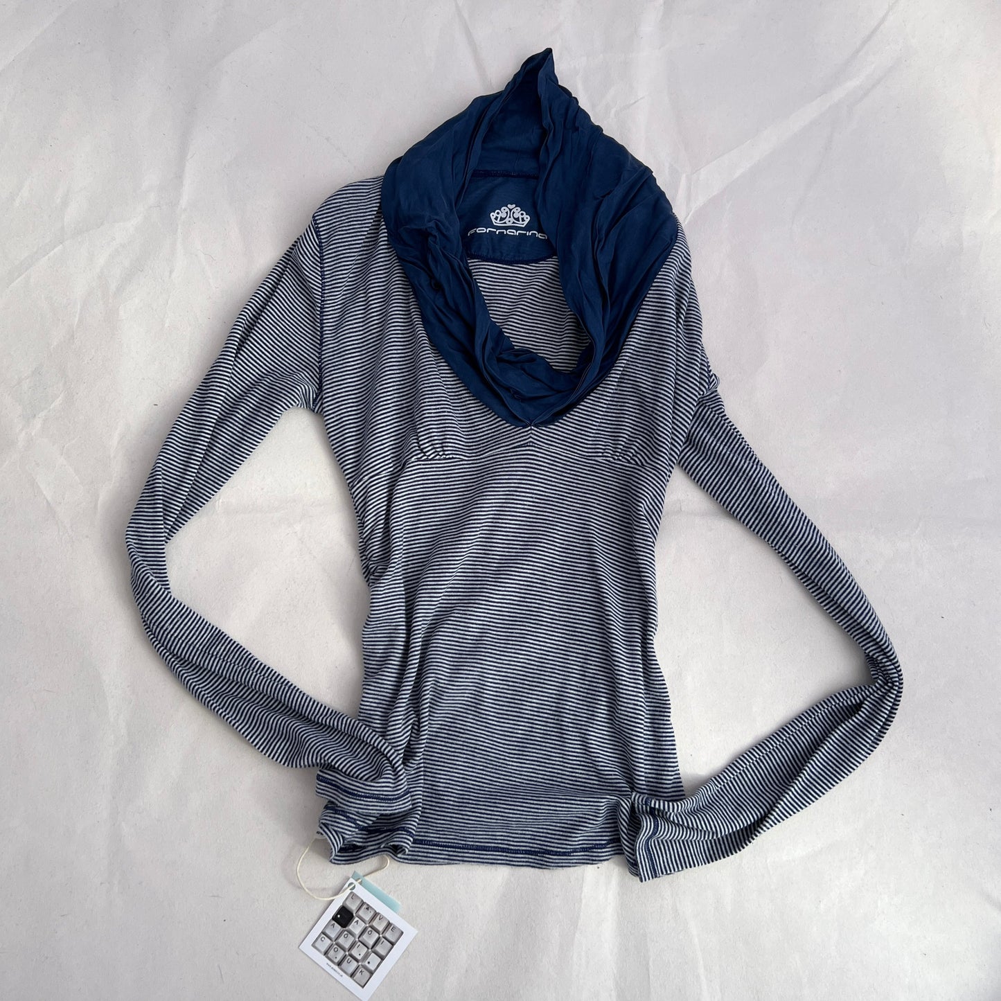 Navy Fornarina Cowl Neck Fitted Striped Cotton Silk Blend Long Sleeve Top