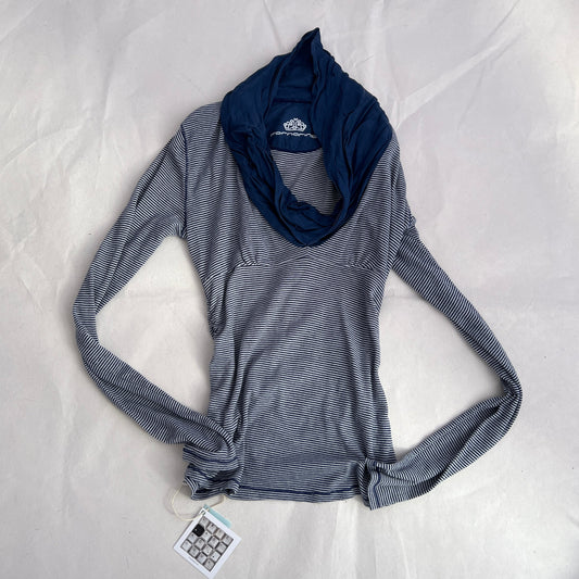 Navy Fornarina Cowl Neck Fitted Striped Cotton Silk Blend Long Sleeve Top