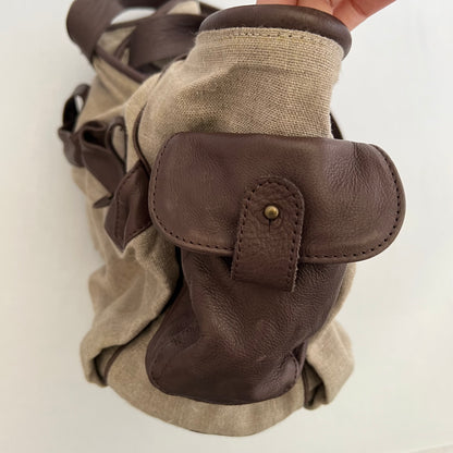 Kookai Linen Beige Brown Leather Utility Shoulder Tote Bag