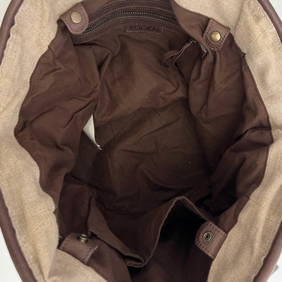 Kookai Linen Beige Brown Leather Utility Shoulder Tote Bag