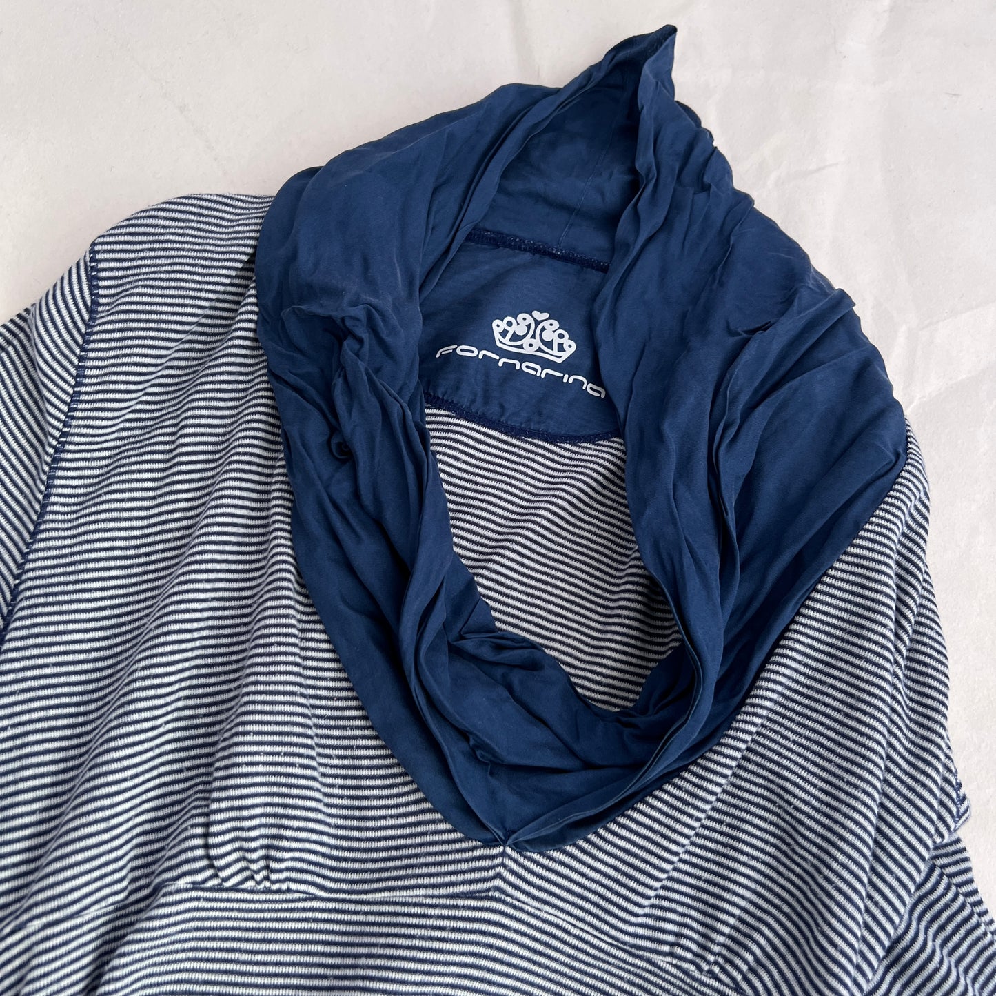 Navy Fornarina Cowl Neck Fitted Striped Cotton Silk Blend Long Sleeve Top