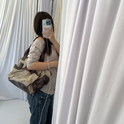 Kookai Linen Beige Brown Leather Utility Shoulder Tote Bag