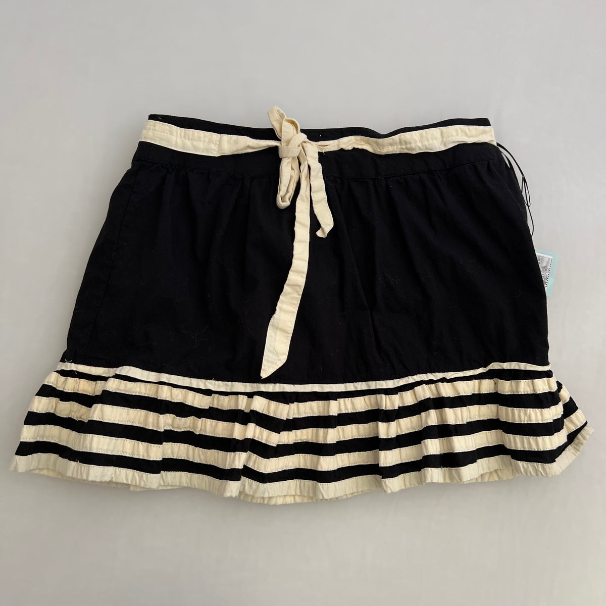 Fornarina Black Cream Drop Waist Striped Ribbon Wide Pleat Mini Skirt
