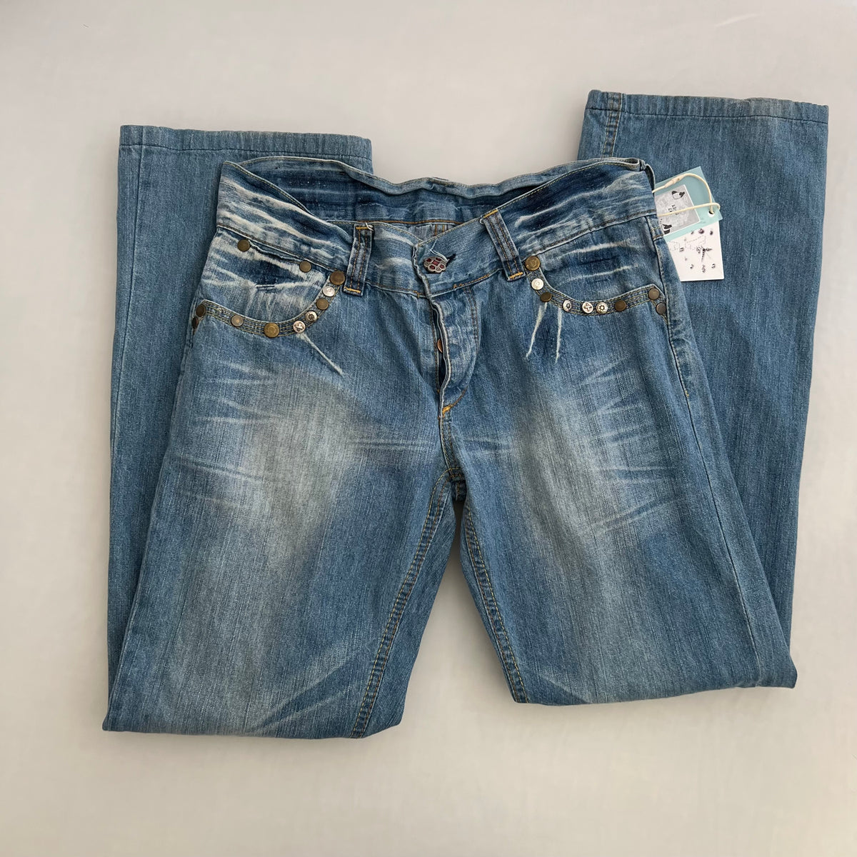 Replay Light Wash Mid Rise Studded Zip Back Straigh Leg Flared Hem Denim Jeans