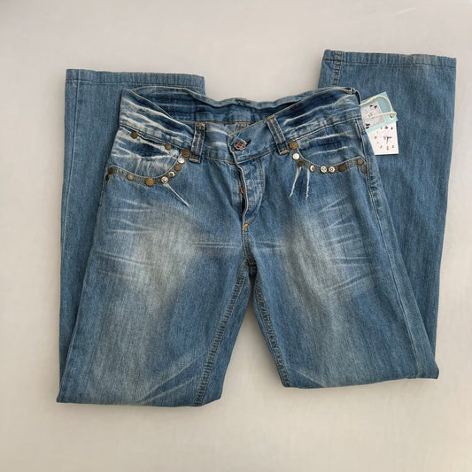 Replay Light Wash Mid Rise Studded Zip Back Straigh Leg Flared Hem Denim Jeans