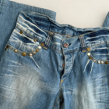 Replay Light Wash Mid Rise Studded Zip Back Straigh Leg Flared Hem Denim Jeans