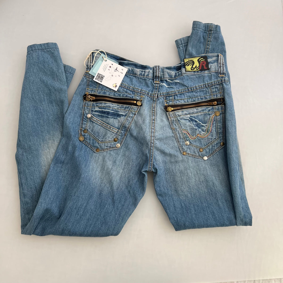 Replay Light Wash Mid Rise Studded Zip Back Straigh Leg Flared Hem Denim Jeans