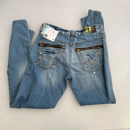 Replay Light Wash Mid Rise Studded Zip Back Straigh Leg Flared Hem Denim Jeans