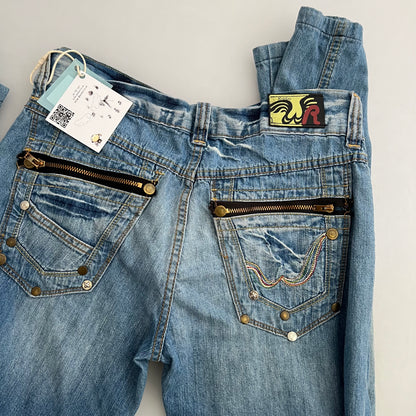 Replay Light Wash Mid Rise Studded Zip Back Straigh Leg Flared Hem Denim Jeans