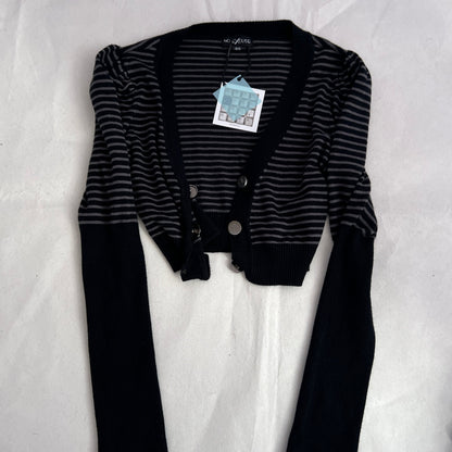 No Excuse Grey Navy Striped Puff Sleeve Cropped Fitted Cardigan