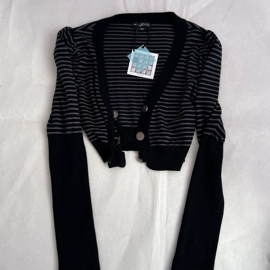 No Excuse Grey Navy Striped Puff Sleeve Cropped Fitted Cardigan