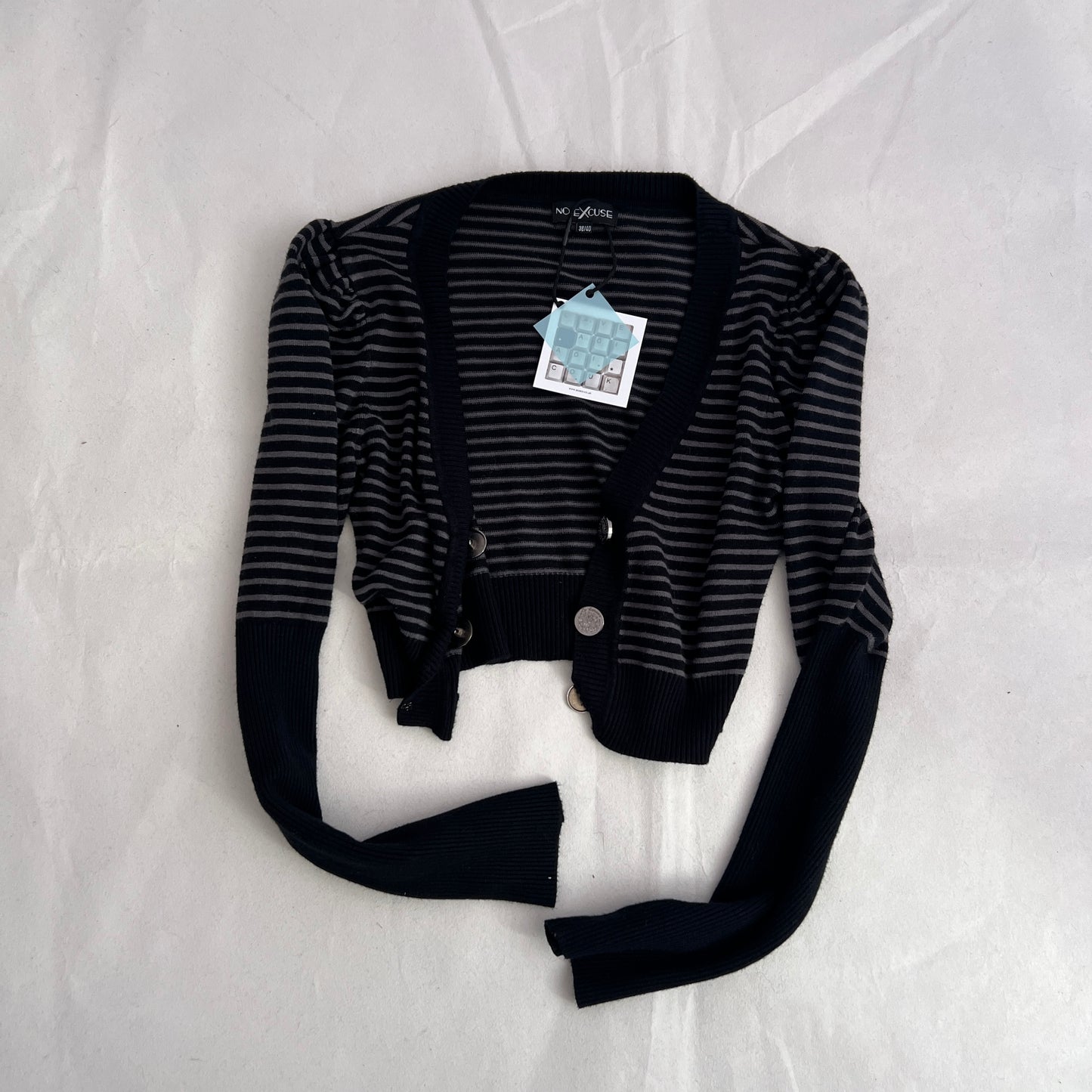 No Excuse Grey Navy Striped Puff Sleeve Cropped Fitted Cardigan