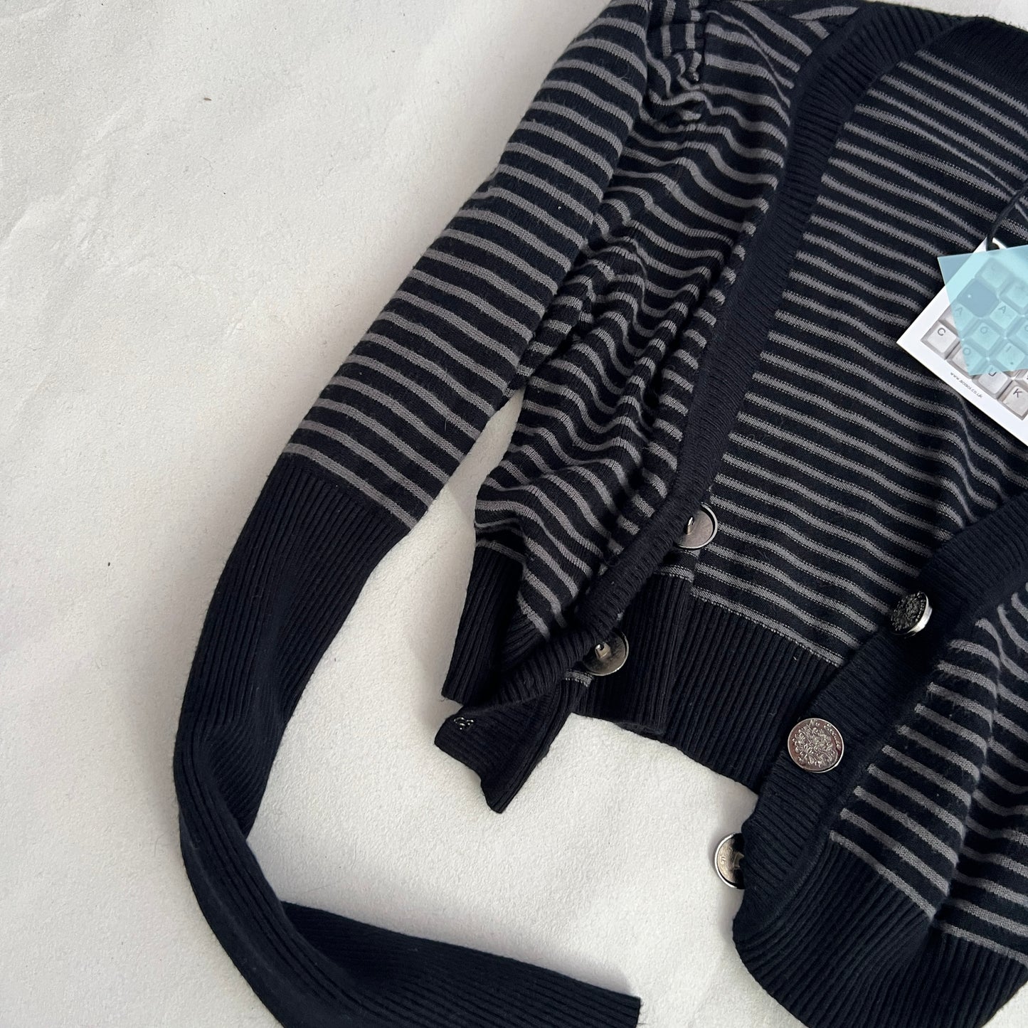 No Excuse Grey Navy Striped Puff Sleeve Cropped Fitted Cardigan