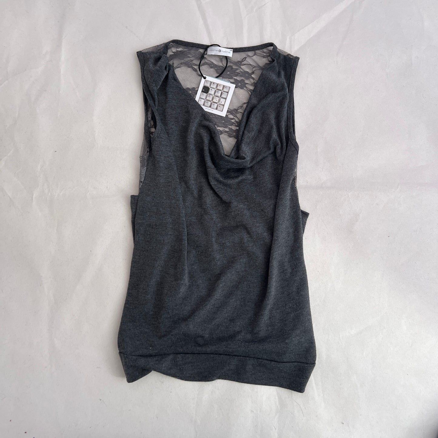 Cache Cache Grey Lace Back Draped Cowl Neck Sleeveless Top