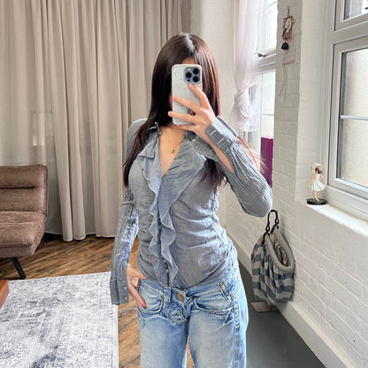 toy g romantic victorian blue grey pinstripe long sleeve collared ruched blouse shirt